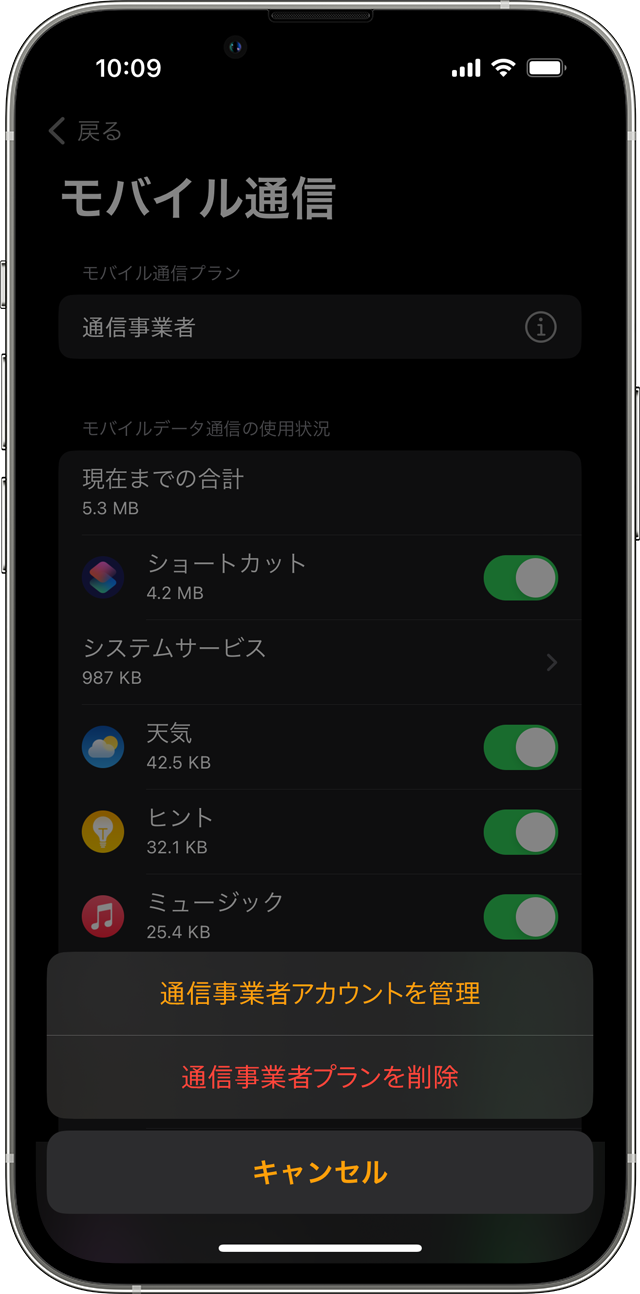 iPhone の Watch アプリに「モバイル通信」画面が表示されているところ