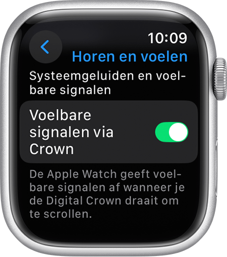 Apple Watch-scherm dat de instellingen voor 'Voelbare signalen via Crown' toont