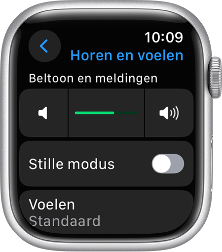 Apple Watch-scherm dat instellingen voor 'Horen en voelen' toont