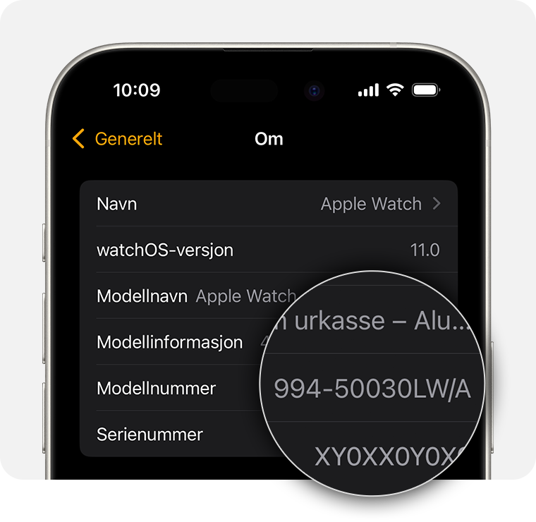 En iPhone-skjerm som viser generelle innstillinger for Apple Watch