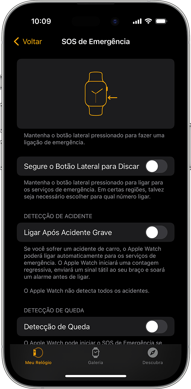 Tela do iPhone mostrando os ajustes de "SOS de Emergência" do Apple Watch