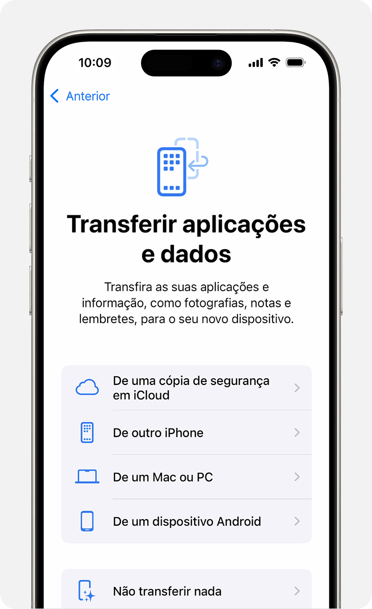 Ecrã do iPhone a mostrar a opção para transferir apps e dados