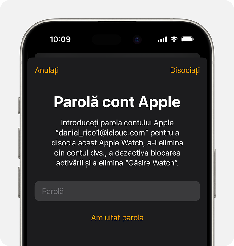 Mesaj pentru introducerea parolei contului Apple pentru dezactivarea funcției Blocare activare.