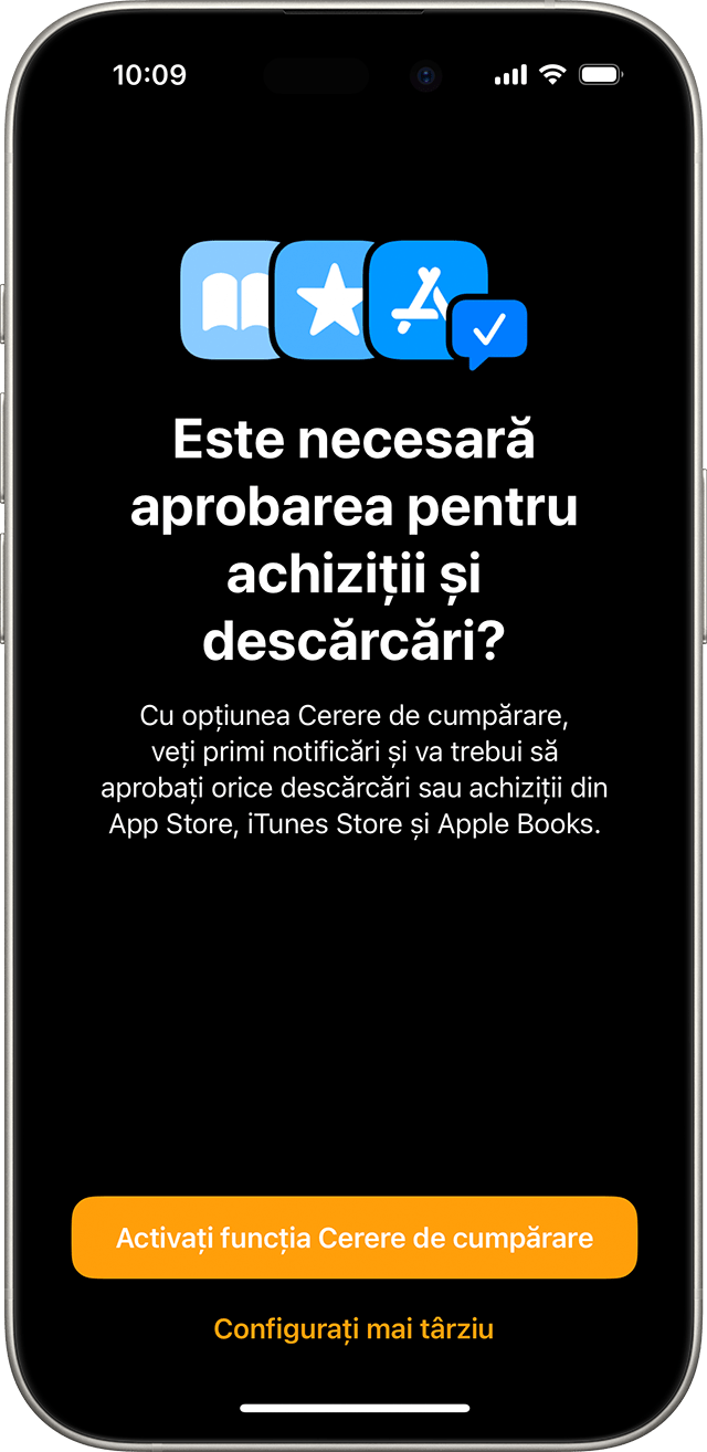 Dispozitiv iPhone afișând ecranul pe care un utilizator activează funcția Solicitare de cumpărare