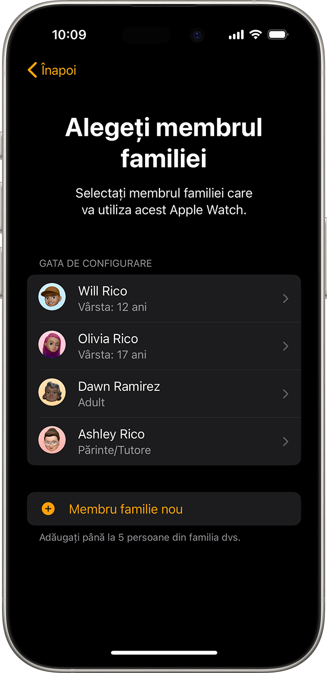 Dispozitiv iPhone afișând ecranul pe care un utilizator alege un membru al familiei care va folosi ceasul