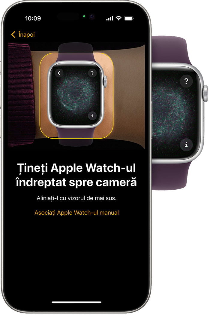 Dispozitive Apple Watch și iPhone afișând animația de asociere pe fiecare dispozitiv