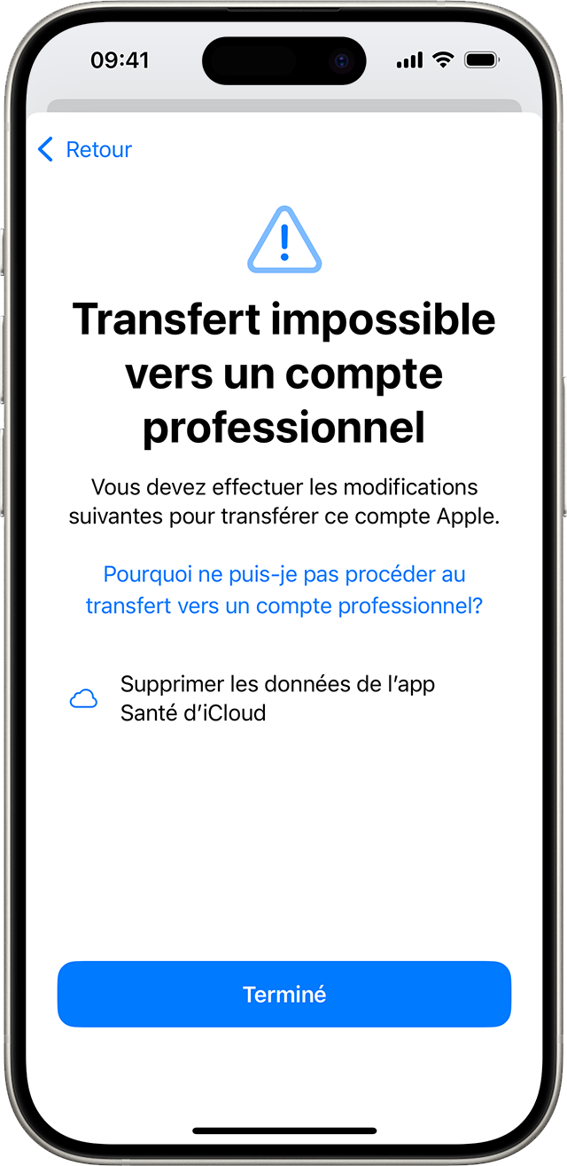 Un écran d’iPhone qui indique que le compte Apple ne peut pas être transféré vers un compte professionnel tant que des modifications n’ont pas été apportées, y compris un exemple de la raison pour laquelle le compte ne peut pas être transféré.