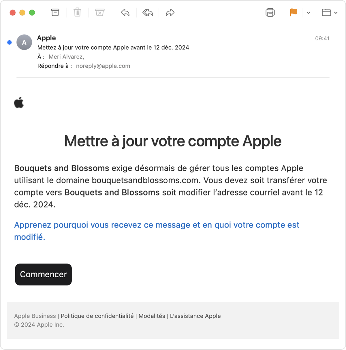 Un exemple de courriel provenant d’une adresse courriel Apple sans réponse à un compte Apple utilisant le domaine de messagerie d’une organisation avec une ligne d’objet et un message demandant à l’utilisateur de mettre à jour son compte Apple, offrant les options de transfert du compte vers un compte professionnel ou de modification de l’adresse courriel à une date précise.