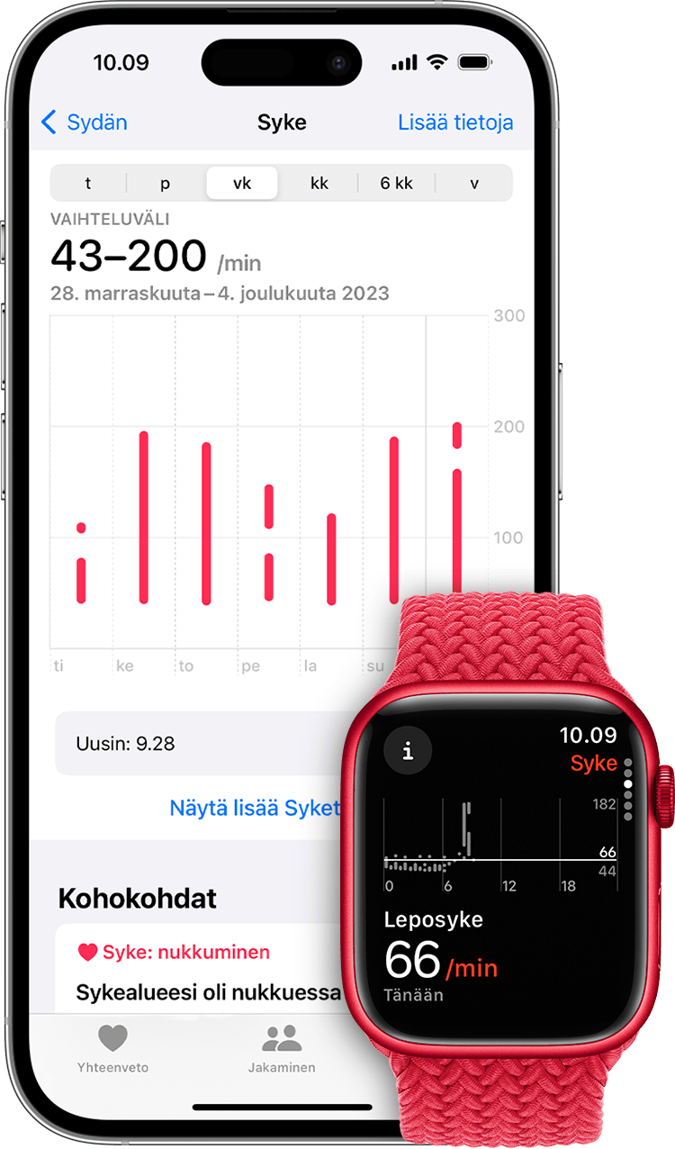 iPhonessa näkyy kaavio viikon syketiedoista, ja Apple Watchissa näkyy leposyke 57 lyöntiä minuutissa.