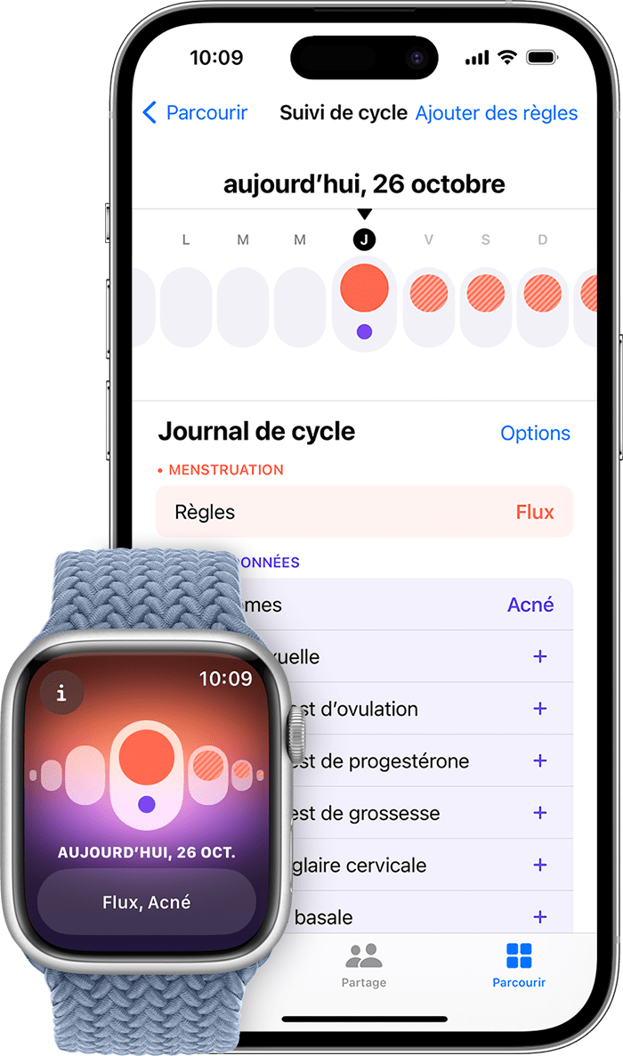 Un iPhone et une Apple Watch présentant une période consignée dans l’app Suivi de cycle