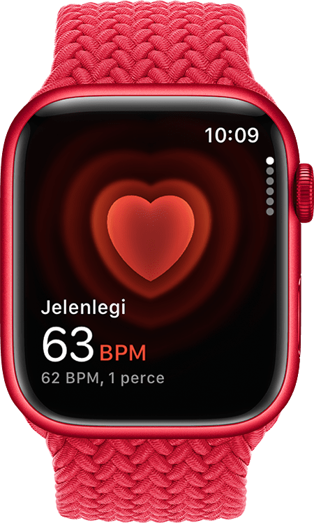 Egy Apple Watch, amelyen 54 ütem/perces pulzusszám látható.