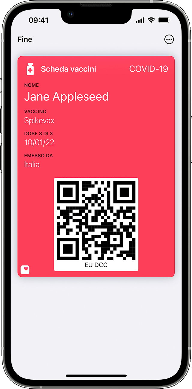 Schermata di un iPhone che mostra una scheda vaccini nell'app Wallet
