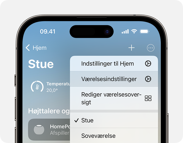 Værelsesindstillinger vises under Hjem-indstillinger, når du har trykket eller klikket på knappen Mere