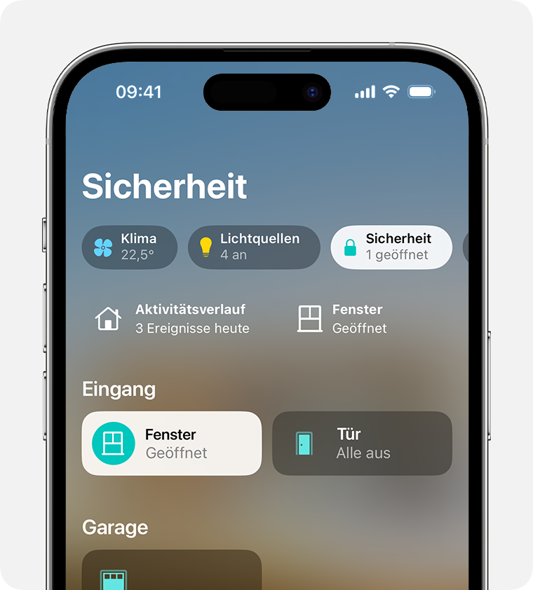 Die Kategorie „Sicherheit“ wird oben im Home-Bildschirm der Home-App angezeigt.