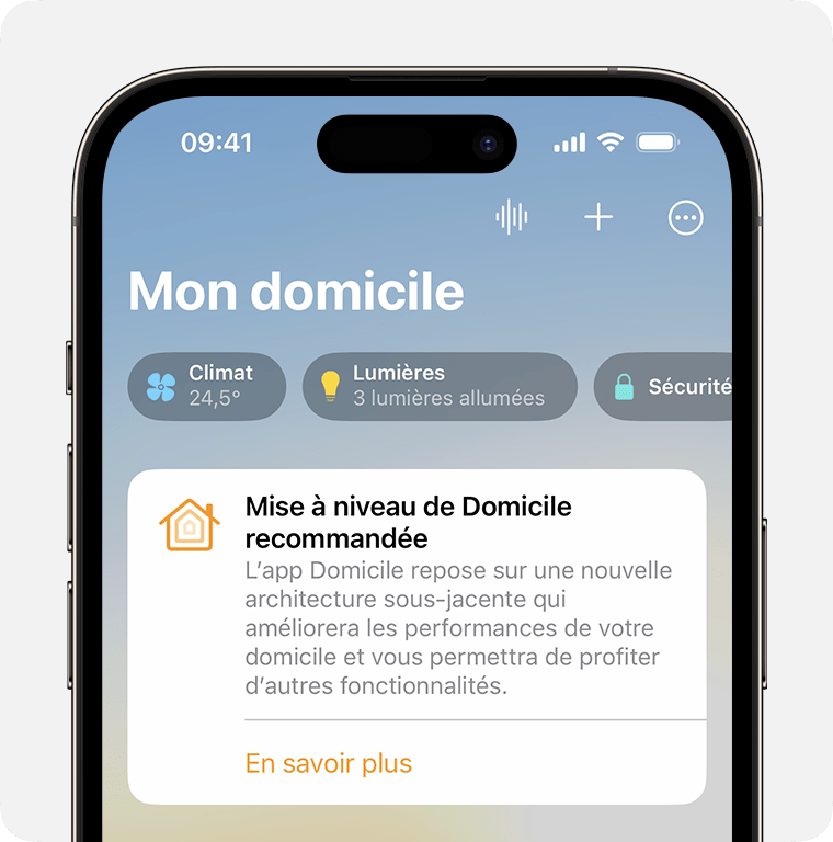 La notification Mise à niveau de Domicile recommandée s’affiche dans l’onglet Domicile de l’app Domicile