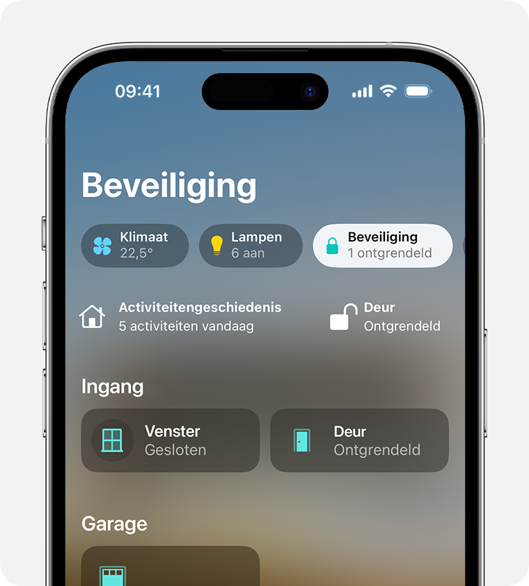 De categorie 'Beveiliging' wordt bovenaan het beginscherm van de Woning-app weergegeven