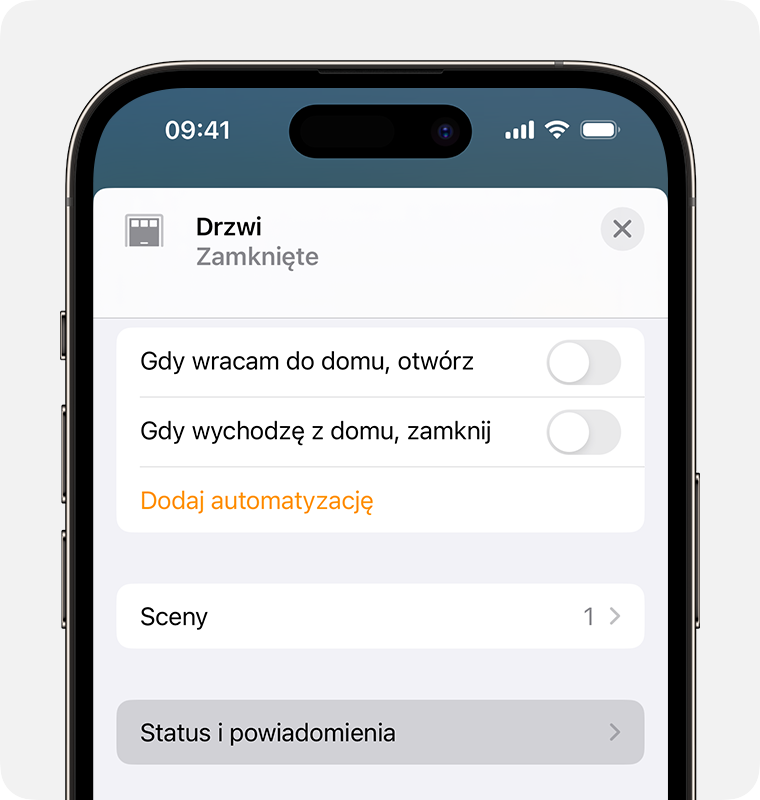 Opcja Status i powiadomienia jest wyświetlana poniżej opcji Sceny na ekranie ustawień akcesorium dla czujnika drzwi inteligentnego domu