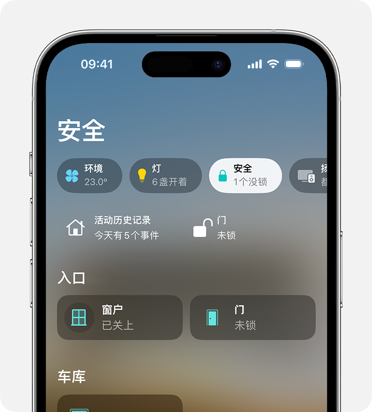 “安全”类别显示在“家庭”App 中主屏幕的顶部