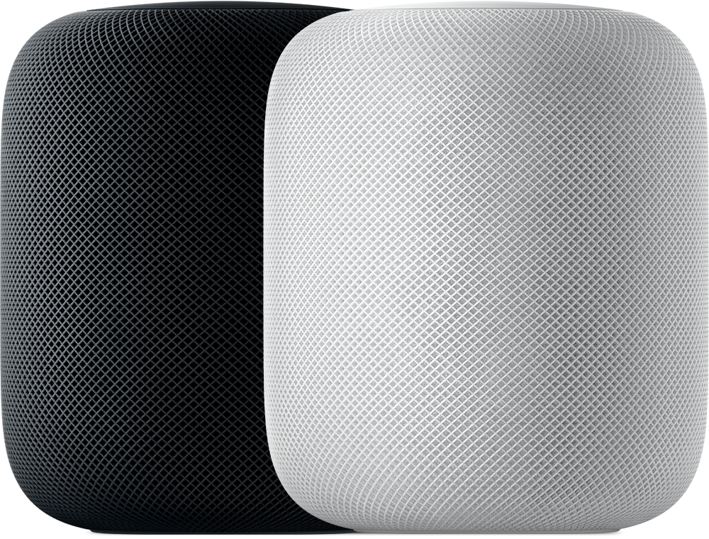 A space gray and a white HomePod (1st generation) sitting side-by-side.