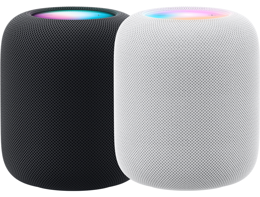 A midnight and a white HomePod (2nd generation) sitting side-by-side