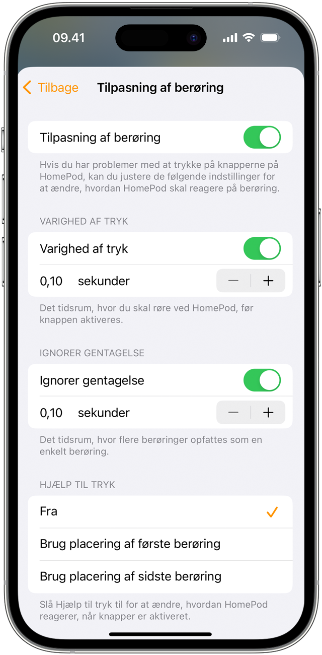 Indstillinger for Tilpasning af berøring på iPhone