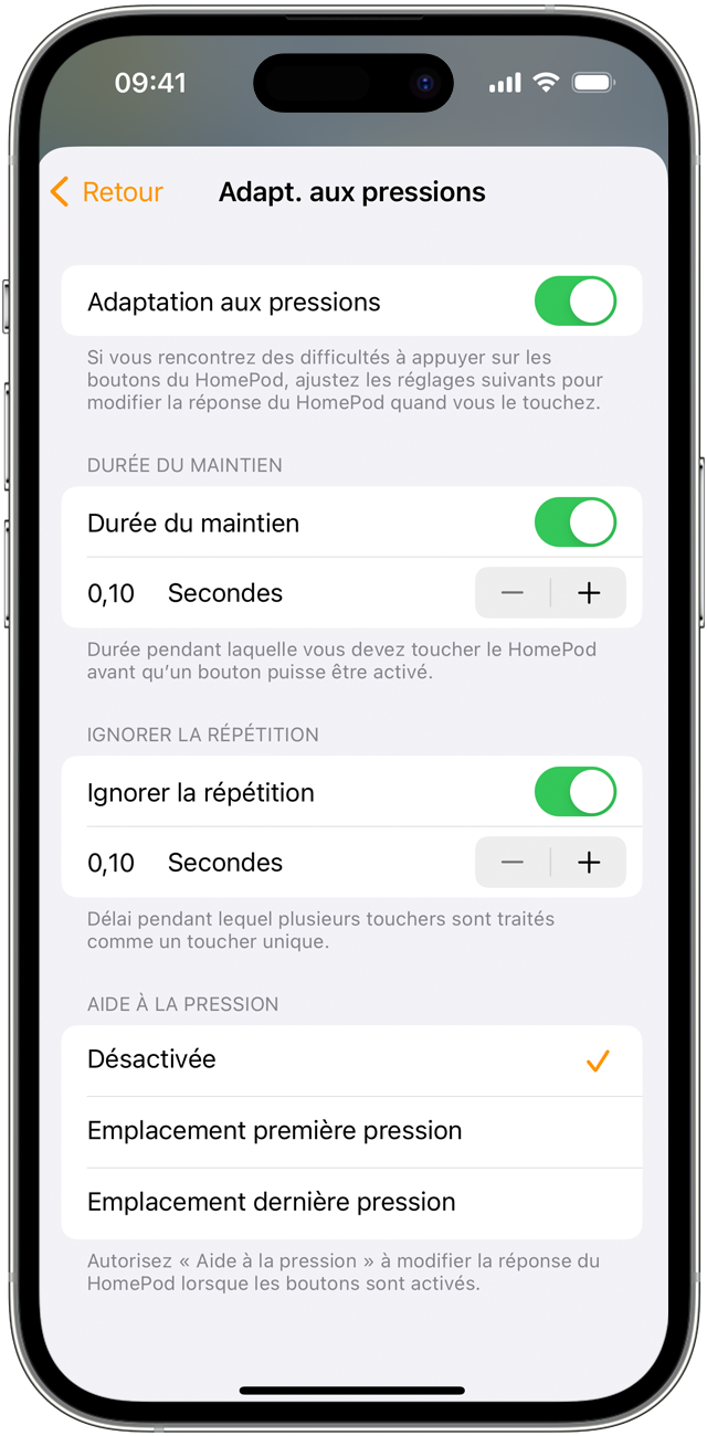 Réglages d’Adaptation aux pressions sur l’iPhone