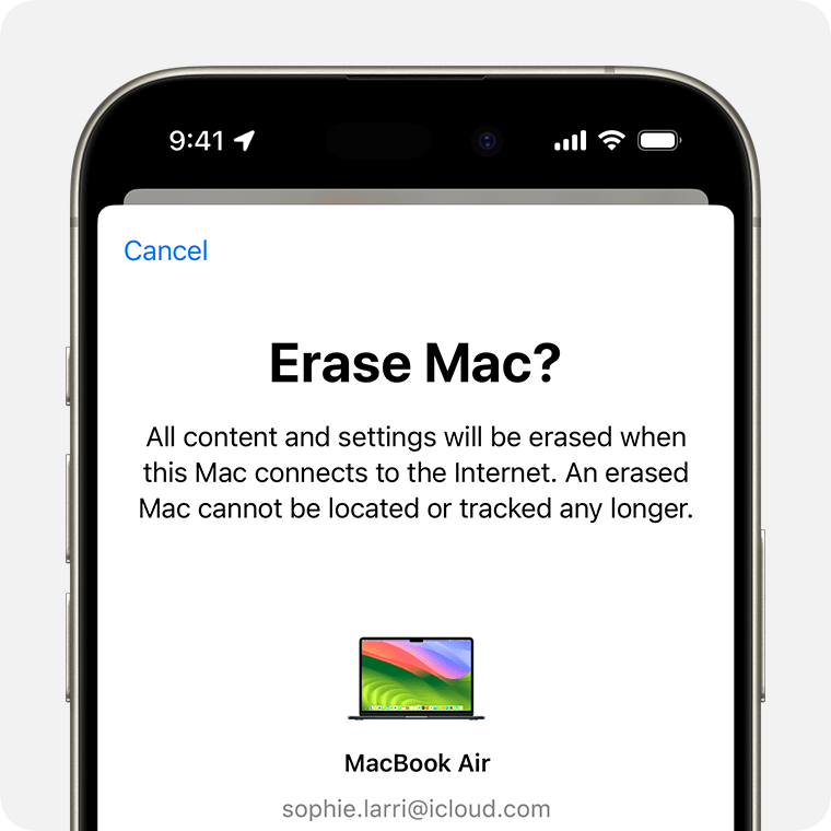 Écran Effacer le Mac sur un iPhone.