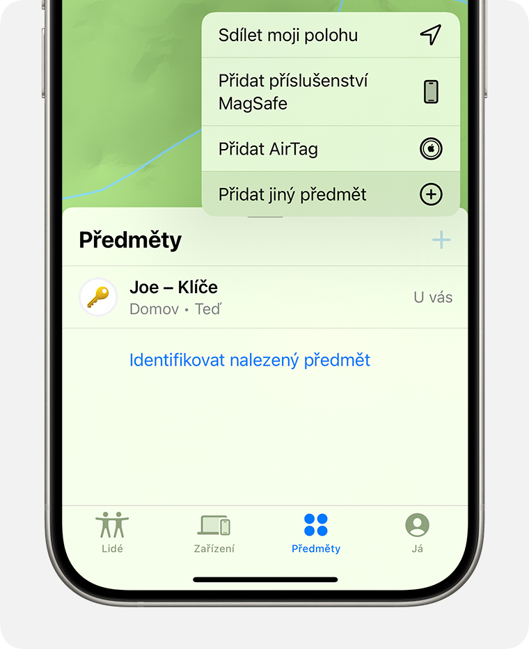 Klepnutí na položku Přidat další předmět v aplikaci Najít a přidání sledovacího zařízení sítě služby Najít od jiného výrobce.