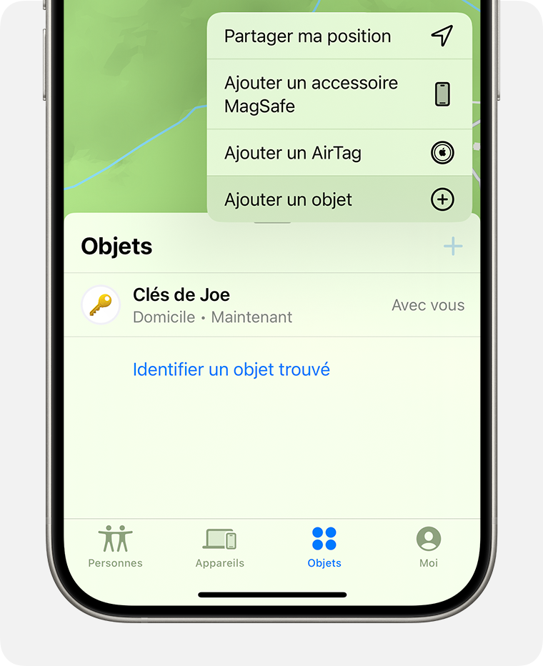 Dans l’app Localiser, touchez Ajouter un objet pour ajouter un accessoire tiers du réseau Localiser.