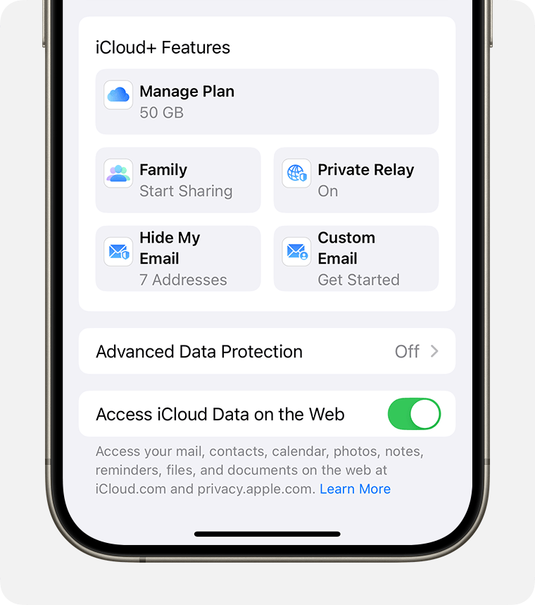 iPhone screen showing how to manage your iCloud+ plan