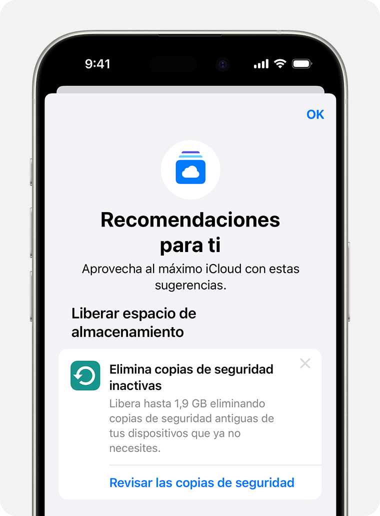 Pantalla del iPhone que muestra las sugerencias recomendadas para ti dentro de los ajustes de iCloud.