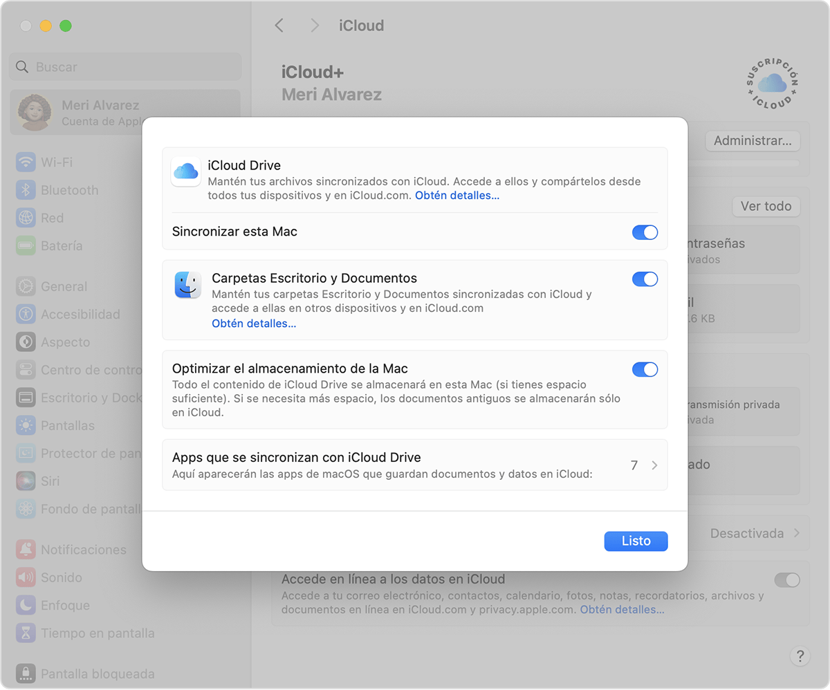 Pantalla de la Mac en la que se ven iCloud Drive y las carpetas Escritorio y Documentos activadas.