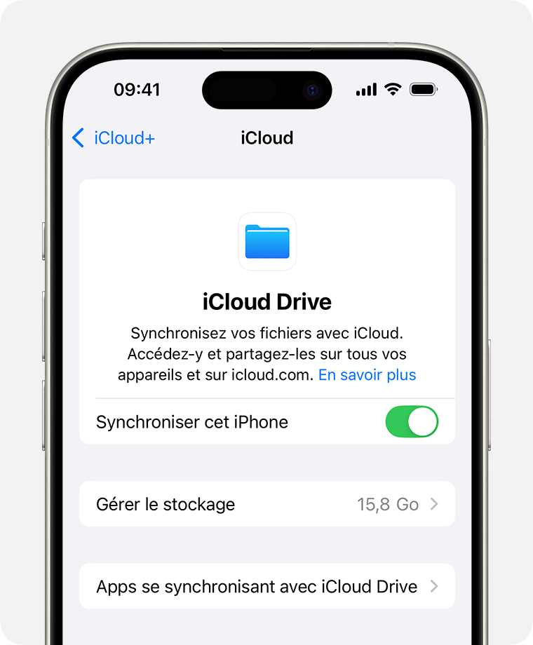 Écran d’iPhone affichant le bouton permettant d’activer iCloud Drive.