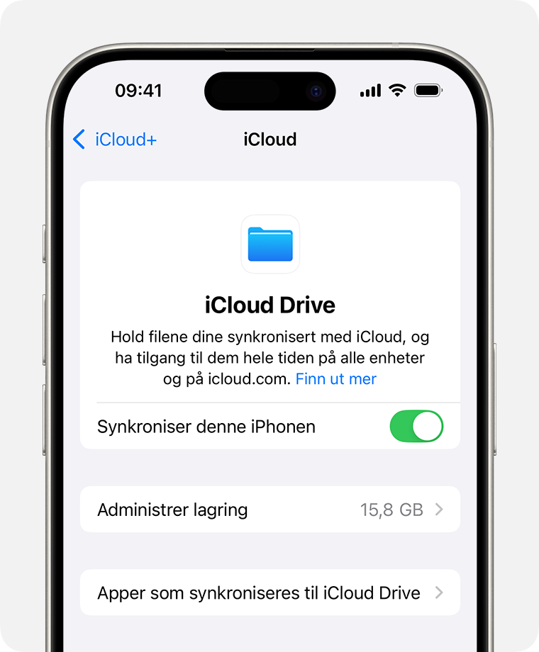 iPhone-skjerm der bryteren for å slå på iCloud Drive vises.