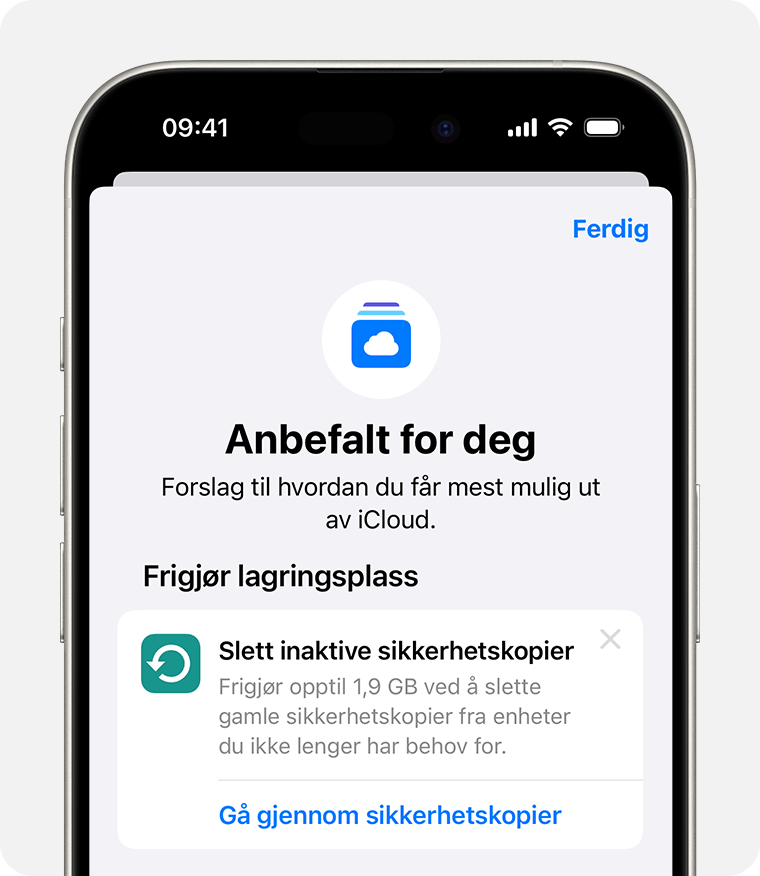 iPhone-skjerm som viser forslagene i Anbefalt for deg i innstillingene for iCloud.