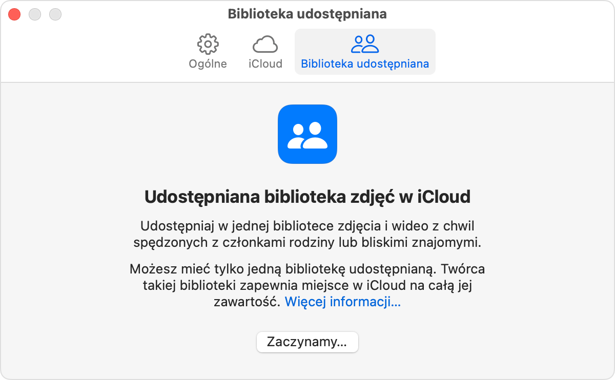 Karta Biblioteka udostępniana widoczna jest obok karty iCloud.