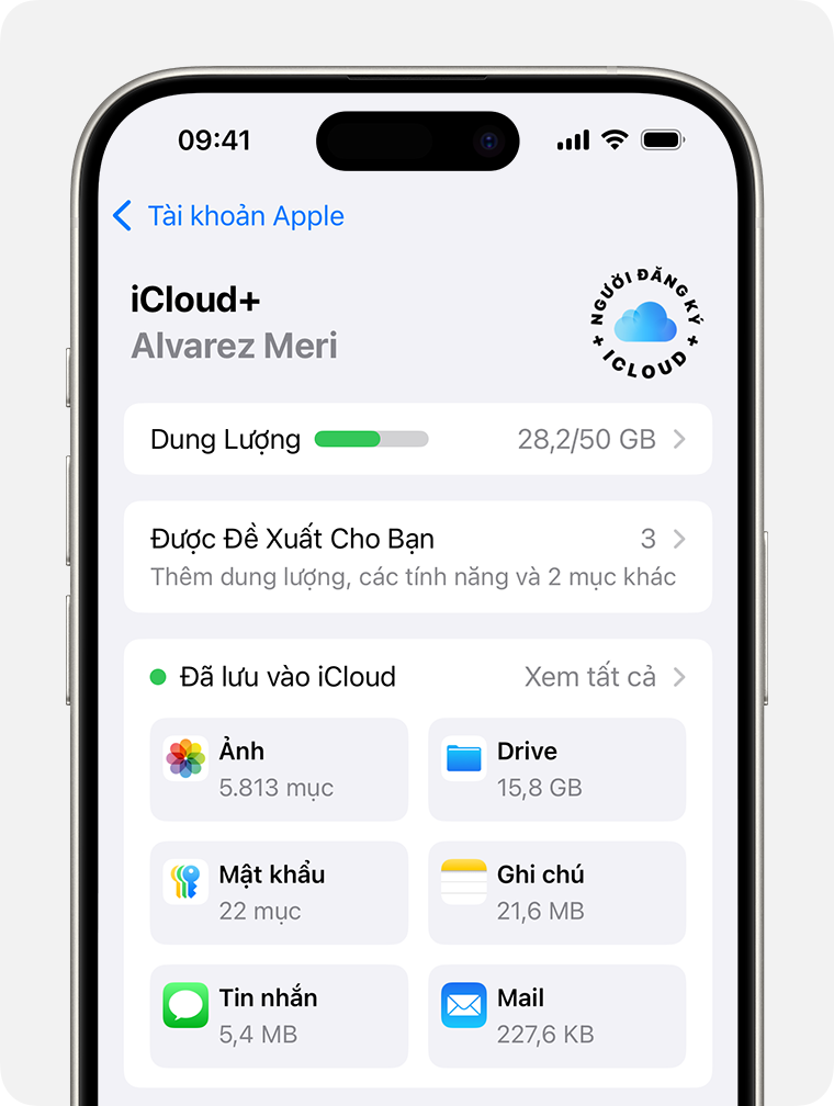 Màn hình iPhone hiển thị cài đặt iCloud. Mục Xem tất cả cạnh mục Đã lưu vào iCloud.