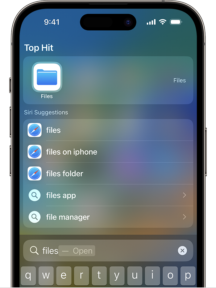 An image of Search on an iPhone. The Files app icon is listed under Top Hit at the top of the screen.