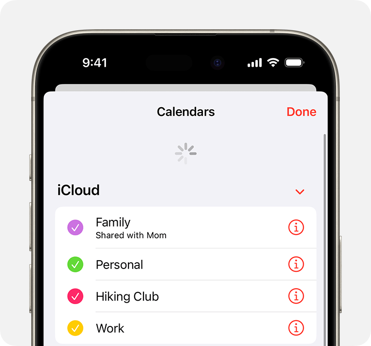 An iPhone screen showing the Calendars tab being refreshed.