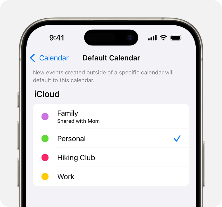 An iPhone screen showing Personal selected as the Default Calendar.