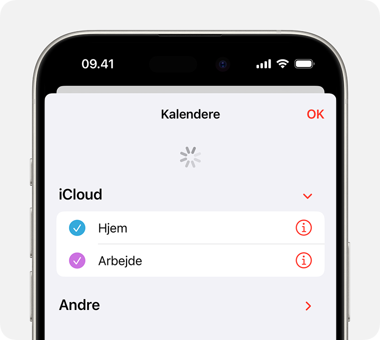 En iPhone-skærm med visning af fanen Kalendere, der opdateres.