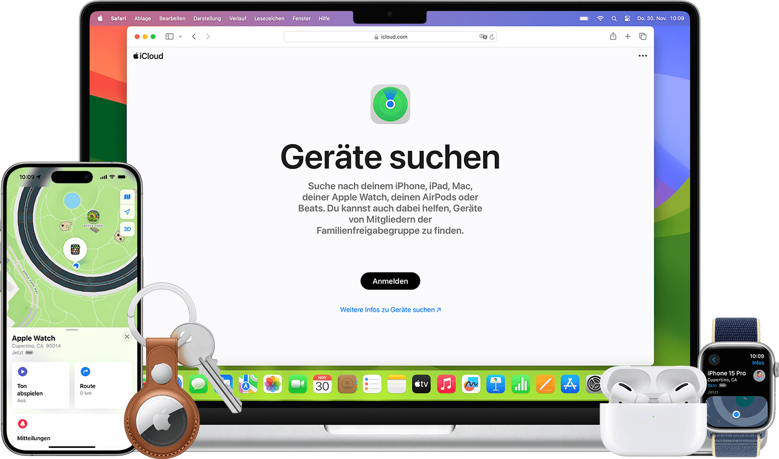 Suche mit „Wo ist?“ oder im Internet nach einem AirTag, iPhone oder anderen Apple-Geräten.