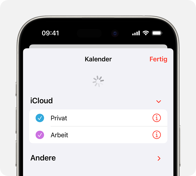 Ein iPhone-Bildschirm, auf dem der Tab „Kalender“ aktualisiert wird.