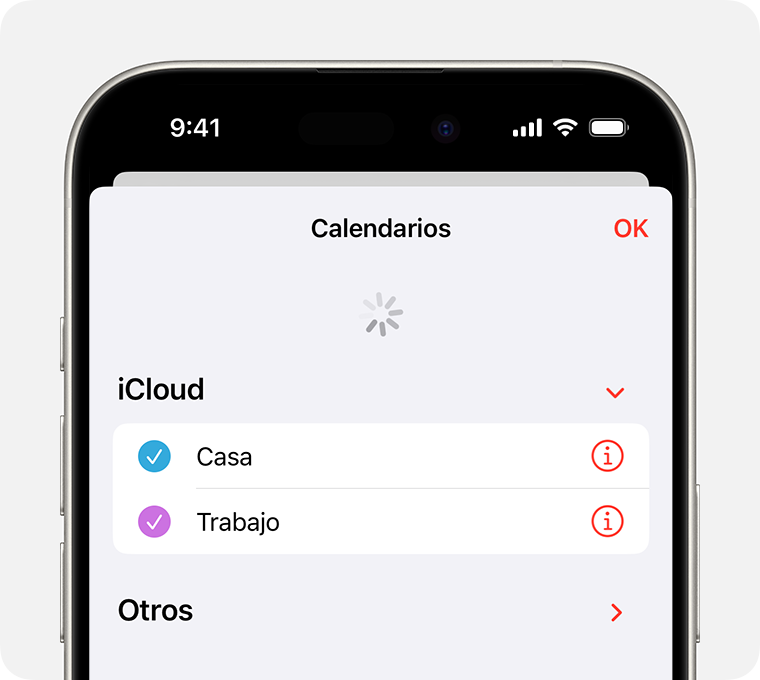 Una pantalla de iPhone que muestra la pestaña Calendarios actualizándose.