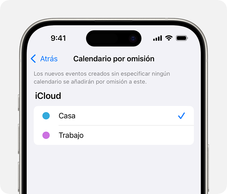 Una pantalla de iPhone que muestra Personal seleccionado como el calendario predeterminado.