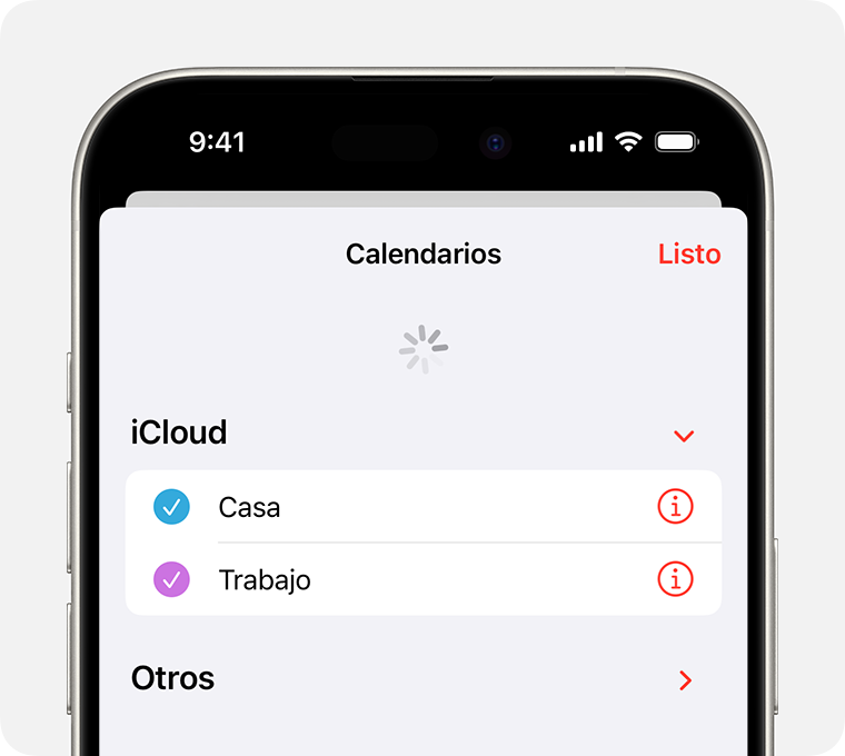 Una pantalla de iPhone en la que se muestra la pestaña Calendarios que se está actualizando.