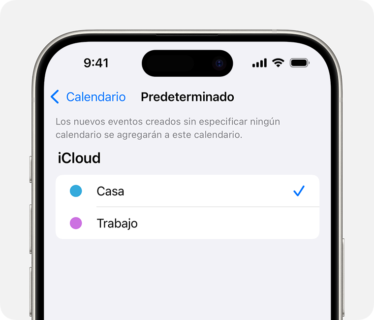 Una pantalla de iPhone en la que se muestra el calendario personal como el calendario predeterminado.