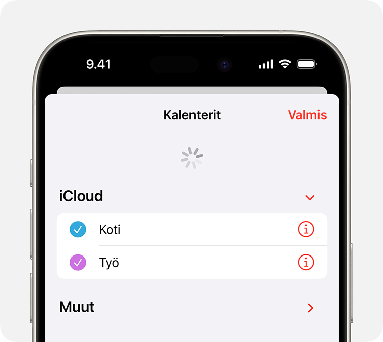 iPhonen näyttö, jossa on meneillään Kalenterit-välilehden päivittäminen.