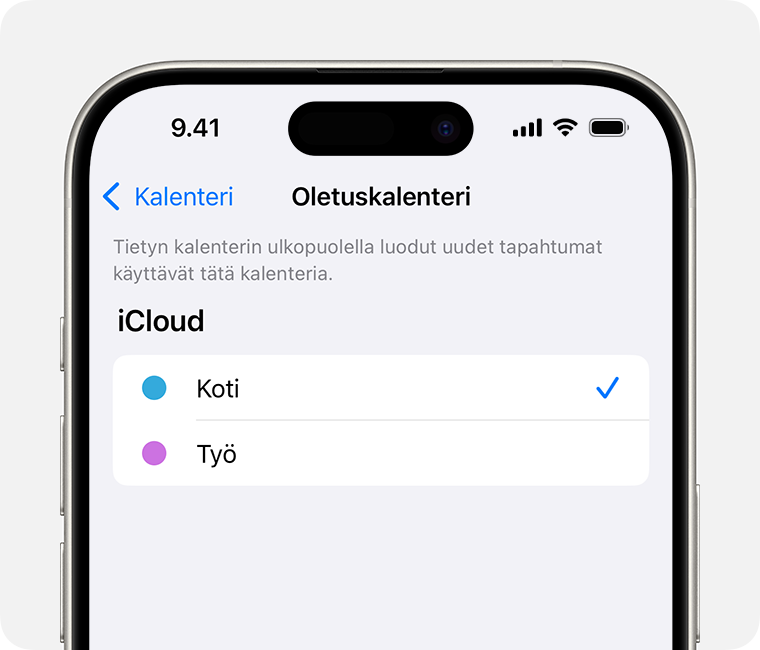 iPhonen näyttö, jossa oma kalenteri näkyy valittuna oletuskalenteriksi.