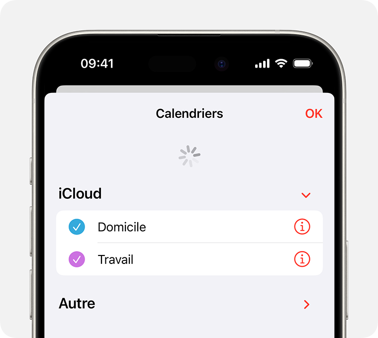 Un écran d’iPhone montrant l’onglet des calendriers en cours d’actualisation.